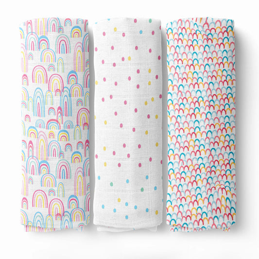 Rainbow Collection 100% Cotton Soft Muslin Swaddles Wrap for Newborn Baby - Pack of 3, Multicolor
