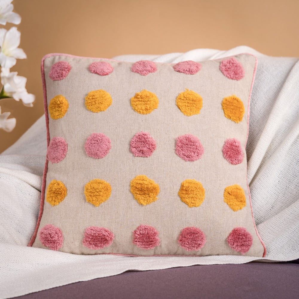 Tufted Decorative Cushion Cover, Pink polka, Pack of 1