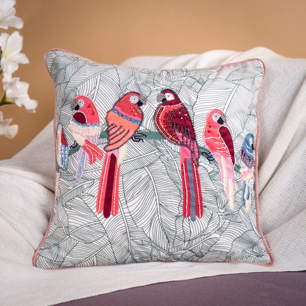 Embroidered Decorative Cushion Cover, Beaded Bird