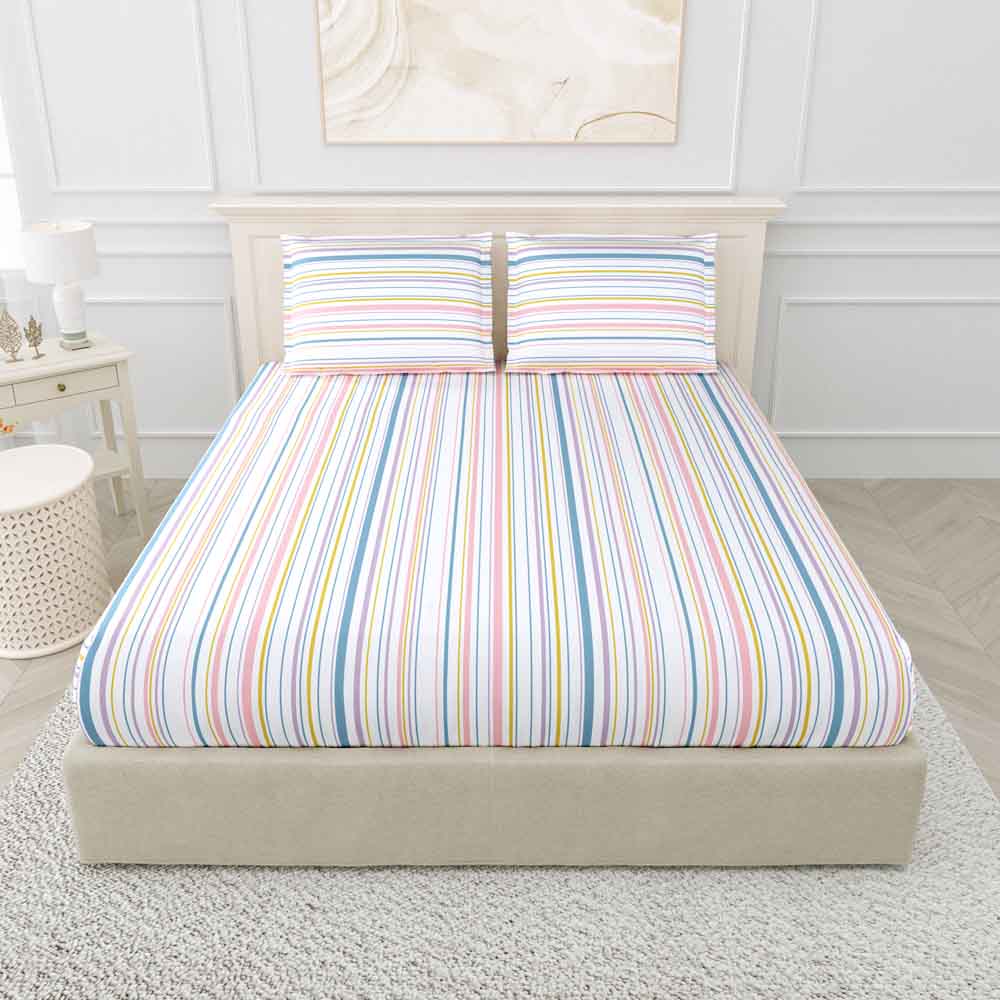 Magical Stripes 100% Cotton King Size Bedsheet, 186 TC, Blue and Yellow