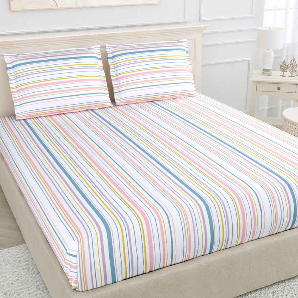 Magical Stripes 100% Cotton King Size Bedsheet, 186 TC, Blue and Yellow