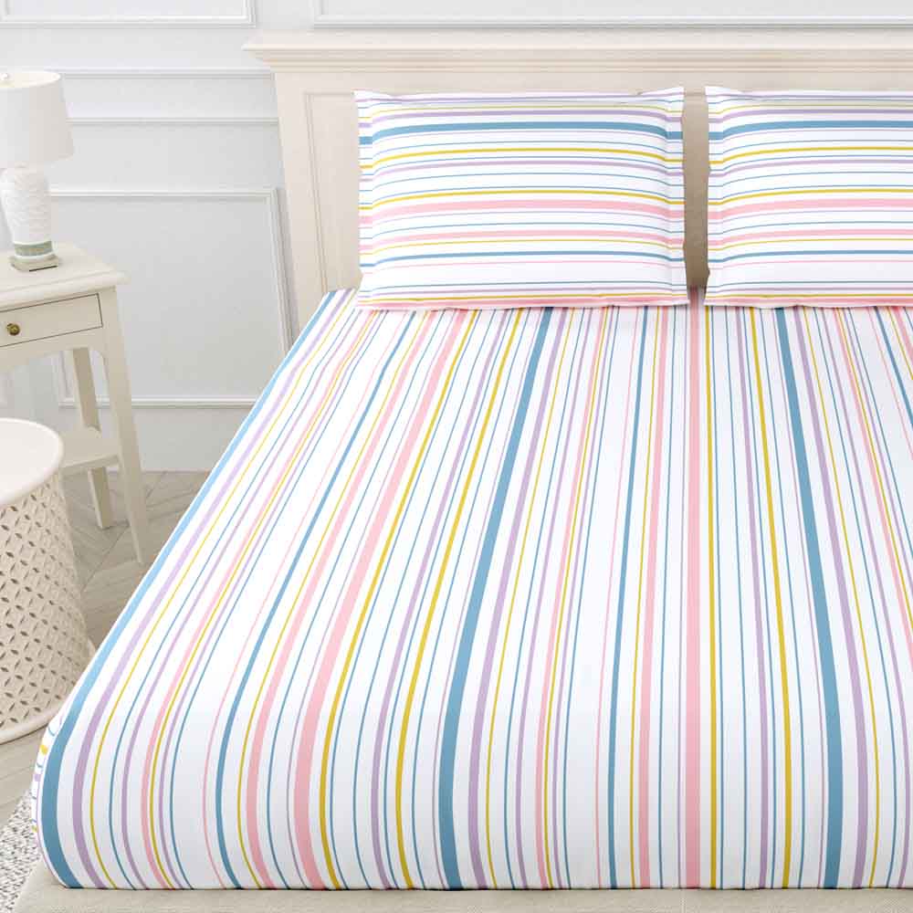 Magical Stripes 100% Cotton King Size Bedsheet, 186 TC, Blue and Yellow