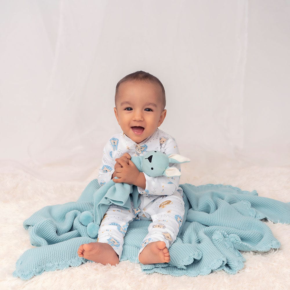 Teddy Bear- Baby Blue Cotton Knitted All Season AC Blanket with Cuddle Cloth Set for Babies