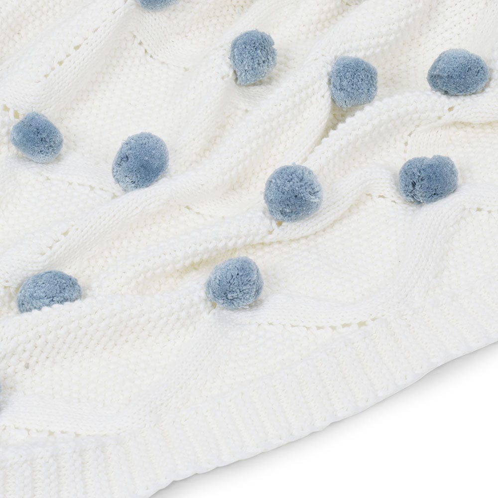 Whimsical Blue Pom Pom100% pure cotton knitted Summer/AC blanket for baby