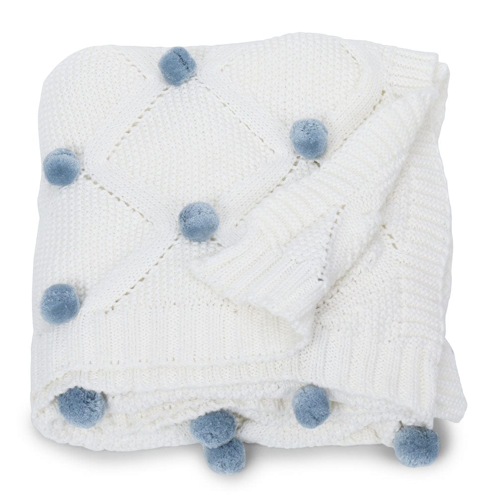 Whimsical Blue Pom Pom100% pure cotton knitted Summer/AC blanket for baby