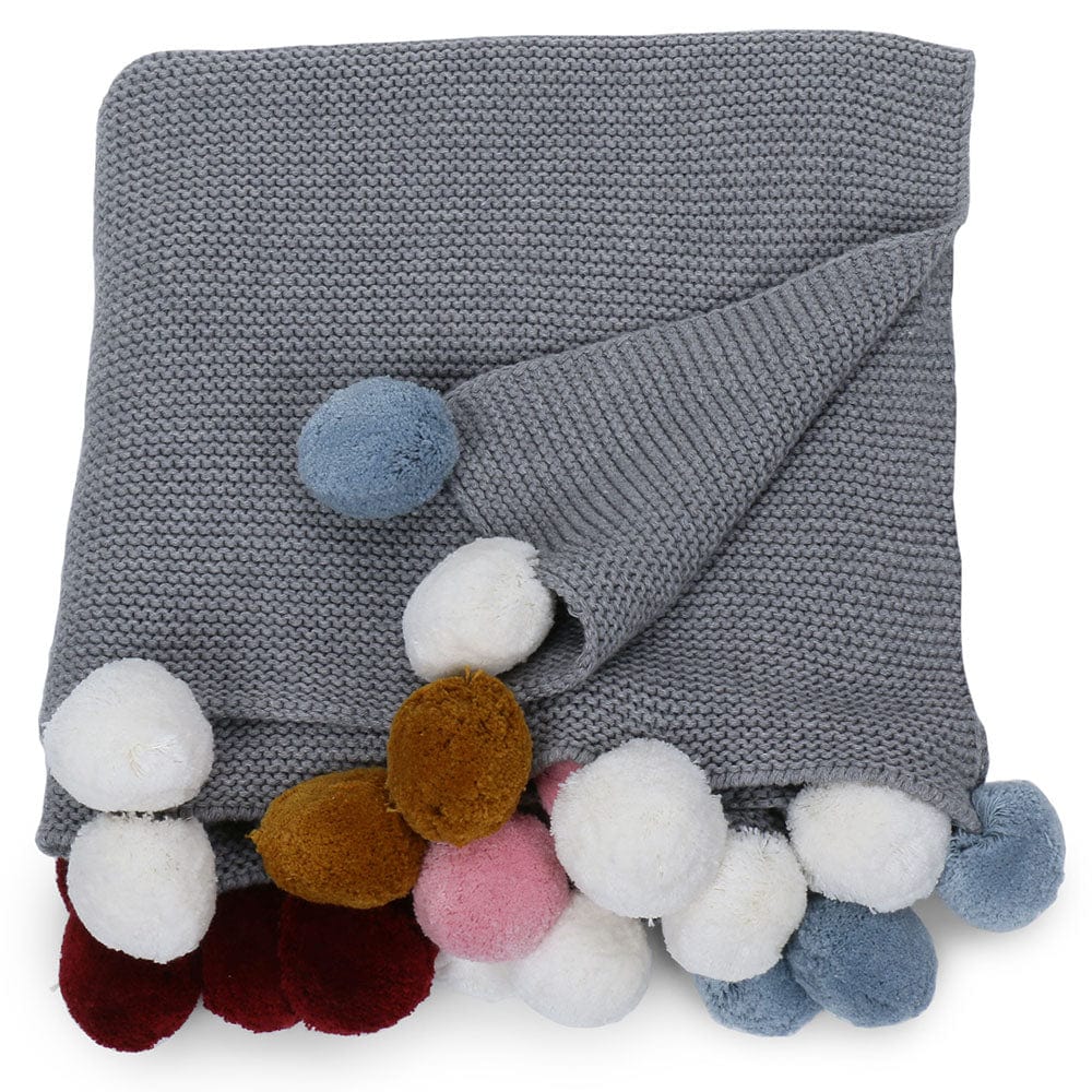 Galaxy Grey Multicolor Pom Pom100% pure cotton knitted Summer/AC blanket for baby