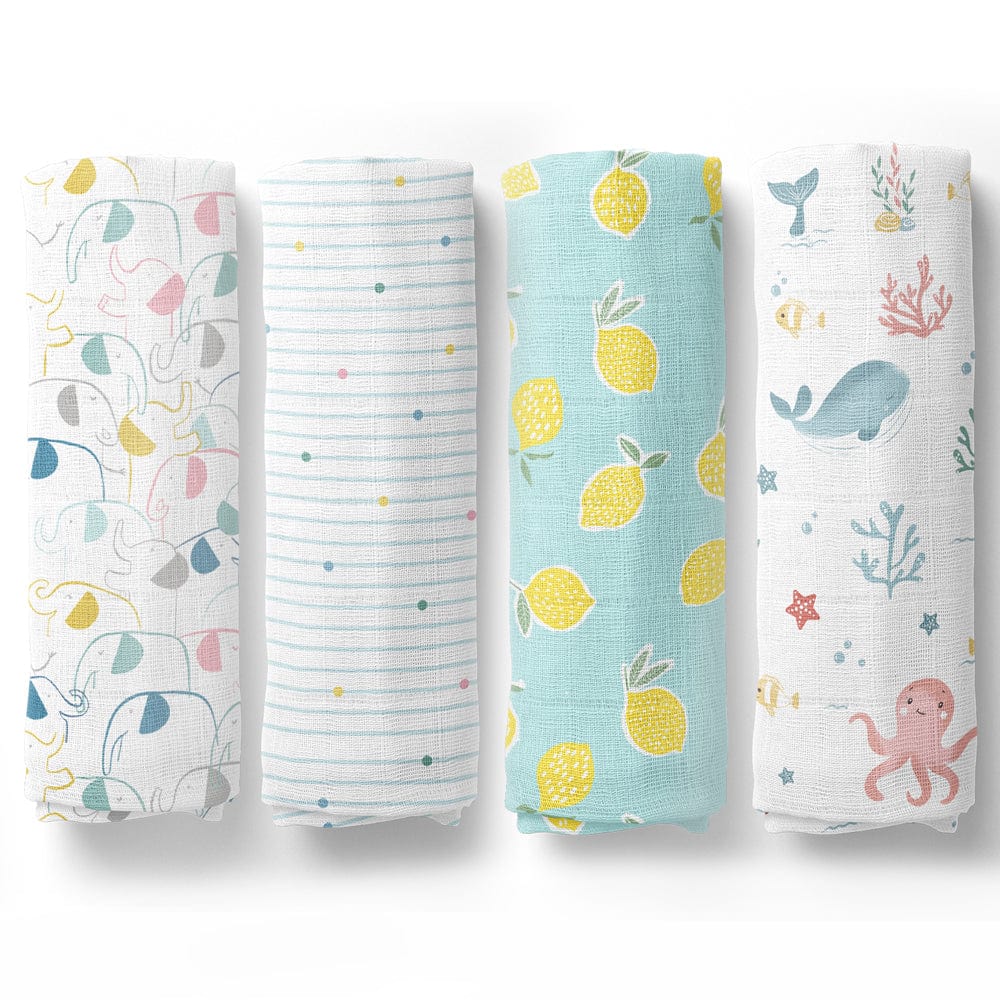 Aloha Collection 100% Cotton Muslin Swaddle Pack Of 4 (Elephant, Dot, Fruit, Ocean)