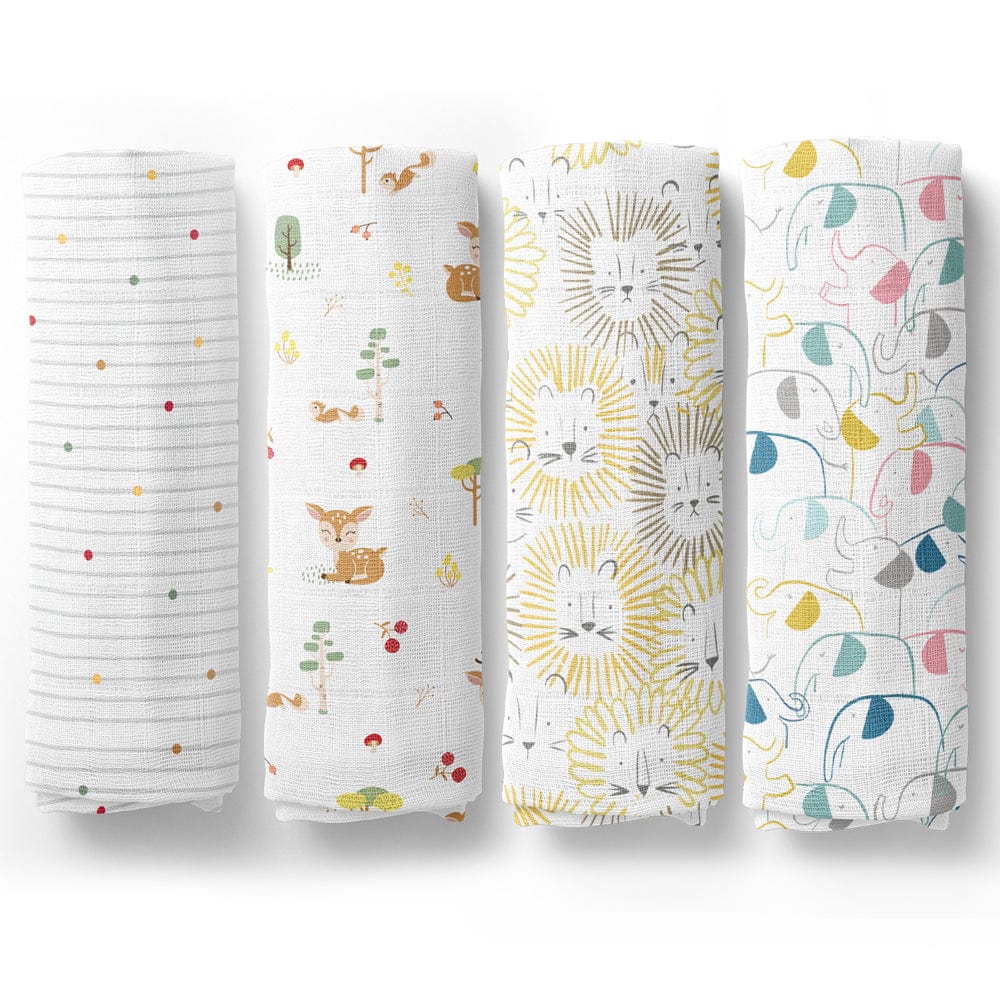 Jungle Safari Collection 100% Cotton Muslin Swaddle Pack Of 4 (Woodland, Elephant, Lion, Dot)