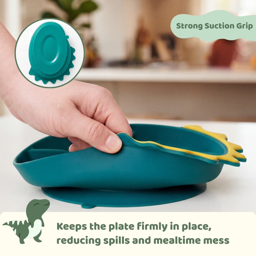 Baby Dino Silicon Suction Feeding Set-Plate With Spoon and Fork, (4Months+)