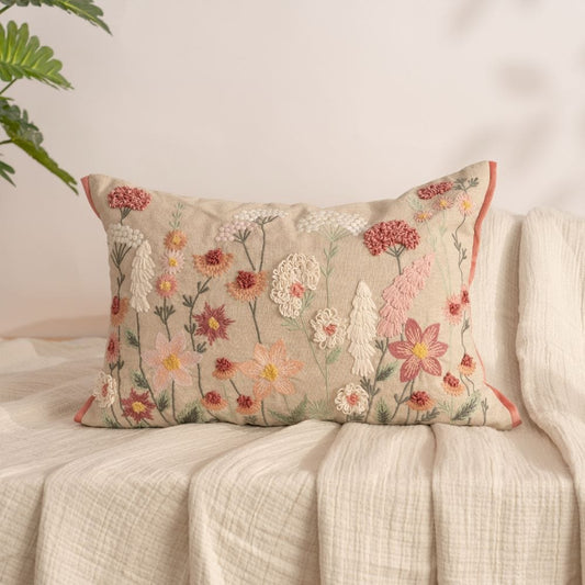 Embroidered Decorative Cushion Cover, Blush Blooms Wildflower