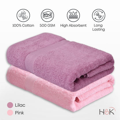 Bath Towel Set of 2, 100% Cotton, Pink & Lilac