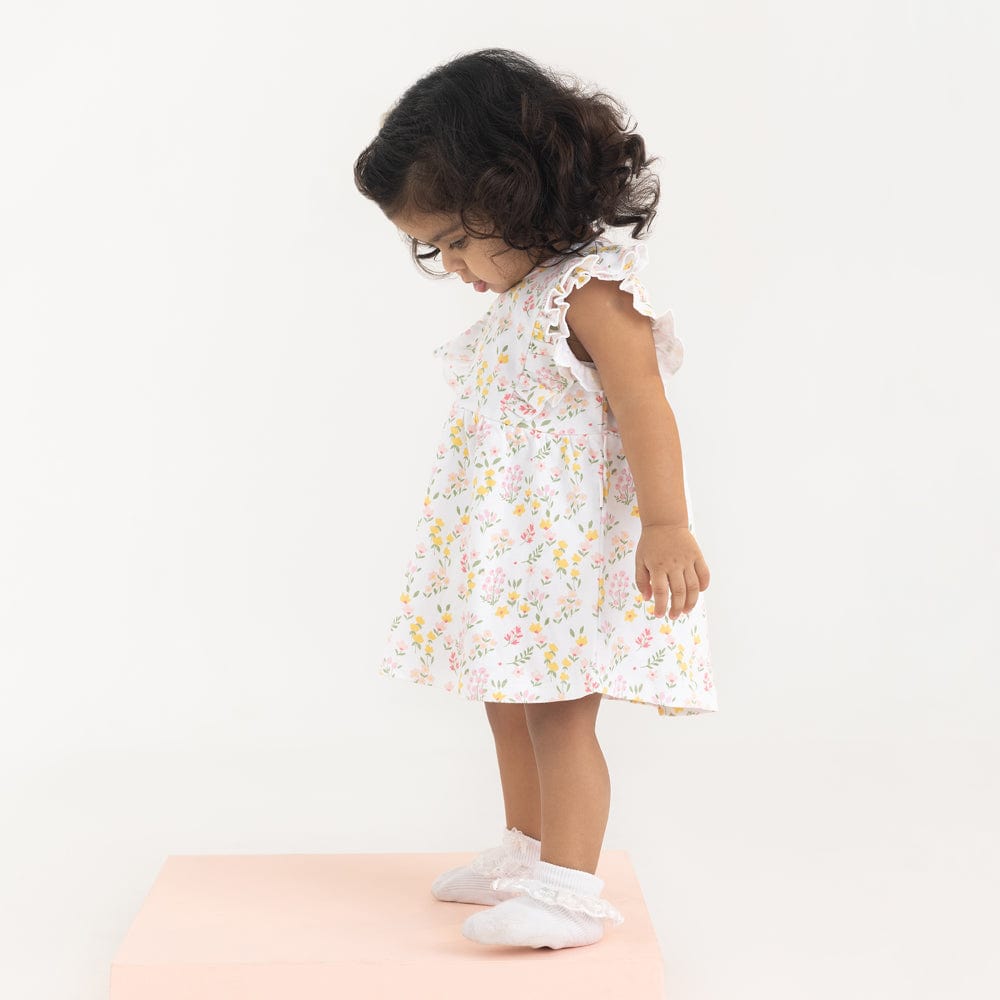 100% Cotton Cap Sleeve Girl Frock With Bloomer, White