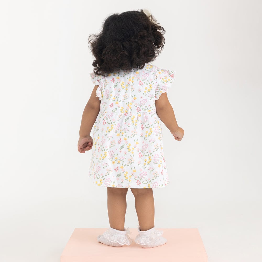 100% Cotton Cap Sleeve Girl Frock With Bloomer, White