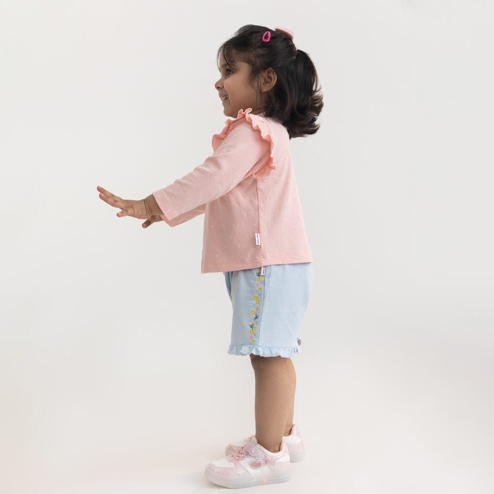 100% Cotton Full Sleeve Girl Top & Shorts, Pink-Blue
