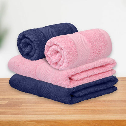 Hand Towel Set of 4, 100% Cotton, Pink & Navy