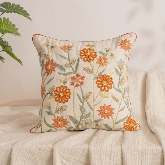 Embroidered Decorative Cushion Cover, Orange Floral