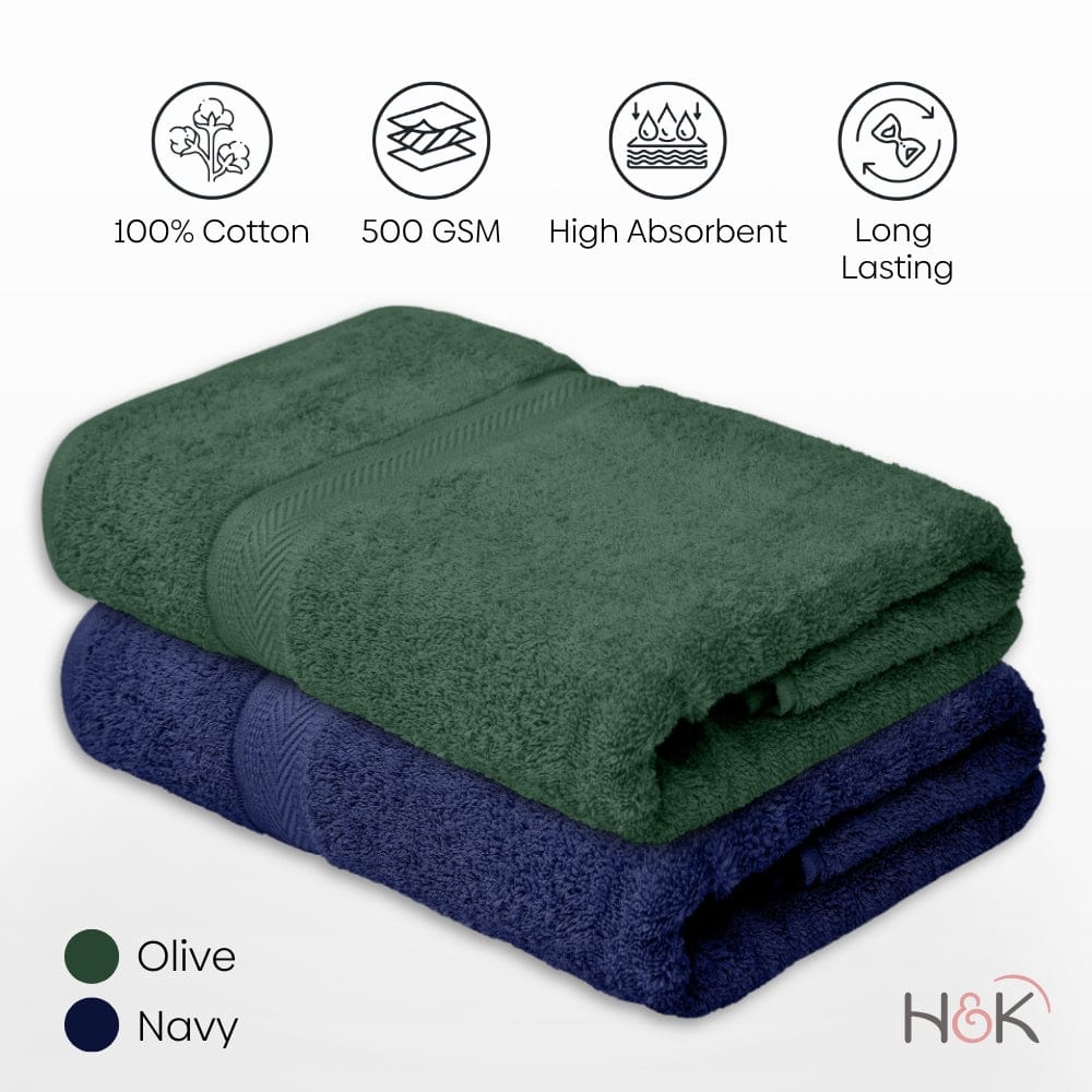 Bath Towel Set of 2, 100% Cotton, Navy & Olive