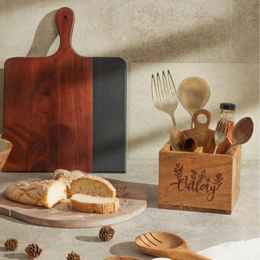 Floral Acacia Wood cutlery holder