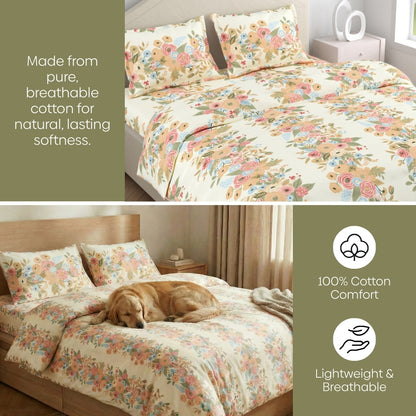 Vintage Peony 100% Cotton Double Size Bedsheet, 144 TC