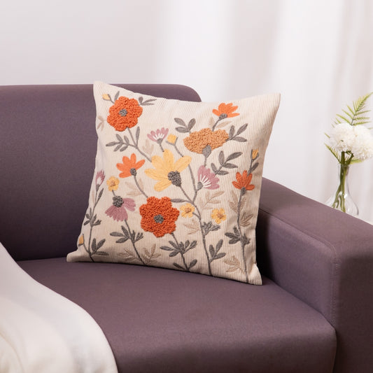 Embroidered Decorative Cushion Cover,  Blush Bloomscape (Coral)