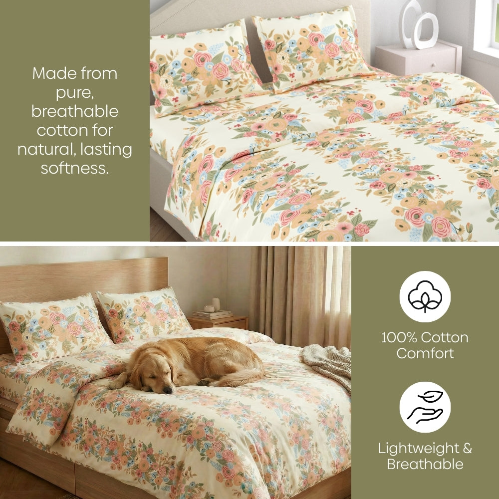 100% Combed Cotton 144 TC King Flat Bedsheet Vintage Peony