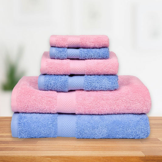 Towel Set of 6, 100% Cotton, Pink & Skyblue