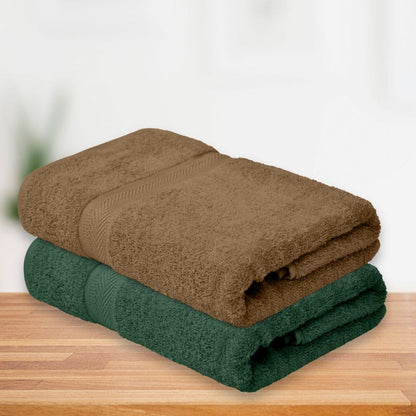 Bath Towel Set of 2, 100% Cotton, Brown & Olive