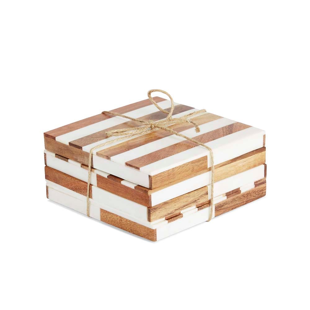 Timber Wood & Resin stripe coaster set of 4, White & Natural