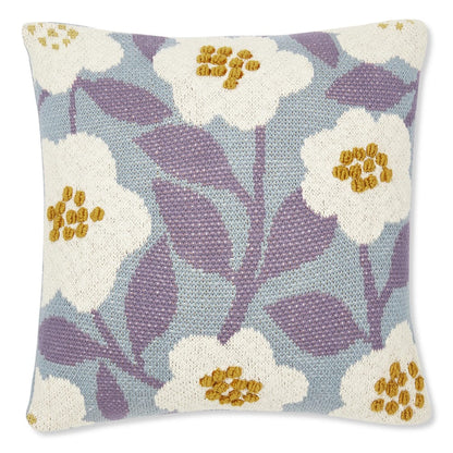 Knitted Embroidered Decorative Cushion Cover, Floral Pattern Blue