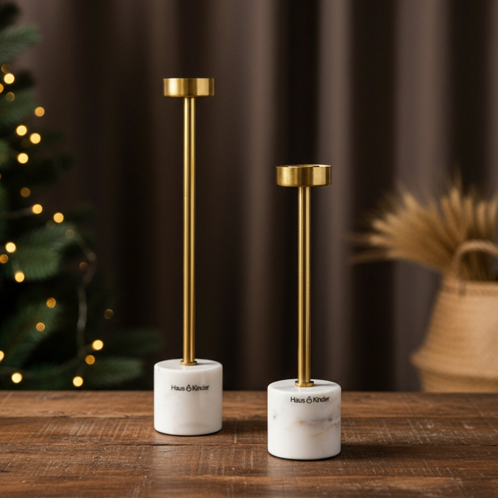 Marble Candle Holder Set of 2, Marble & Gold
