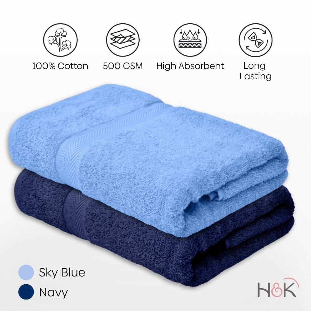 Bath Towel Set of 2, 100% Cotton, Skyblue & Navy