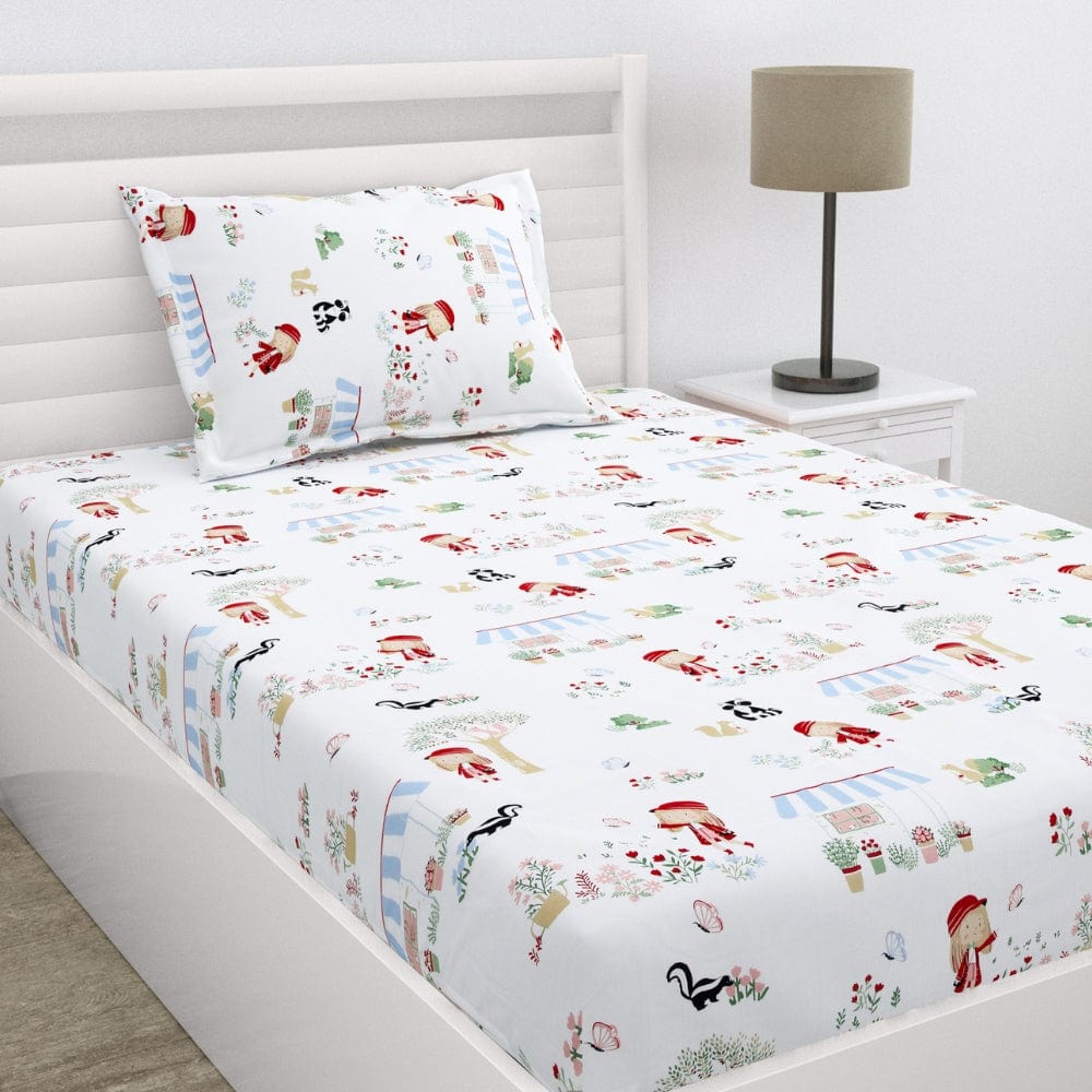 Percale 210 TC Single Flat Bedsheet- Scarlet on Adventure