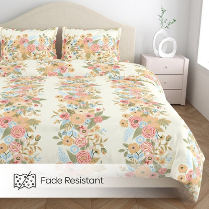 Vintage Peony 100% Cotton Double Size Bedsheet, 144 TC