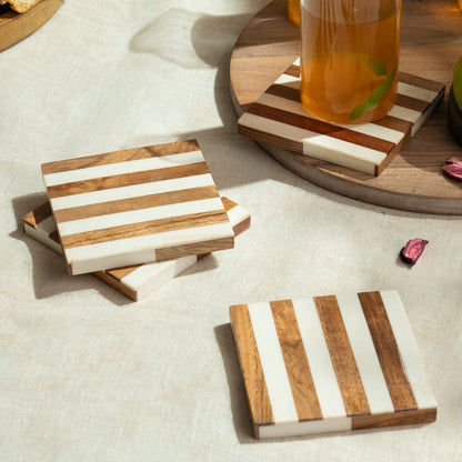 Timber Wood & Resin stripe coaster set of 4, White & Natural