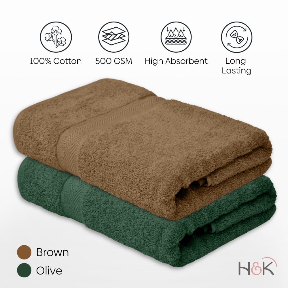 Bath Towel Set of 2, 100% Cotton, Brown & Olive