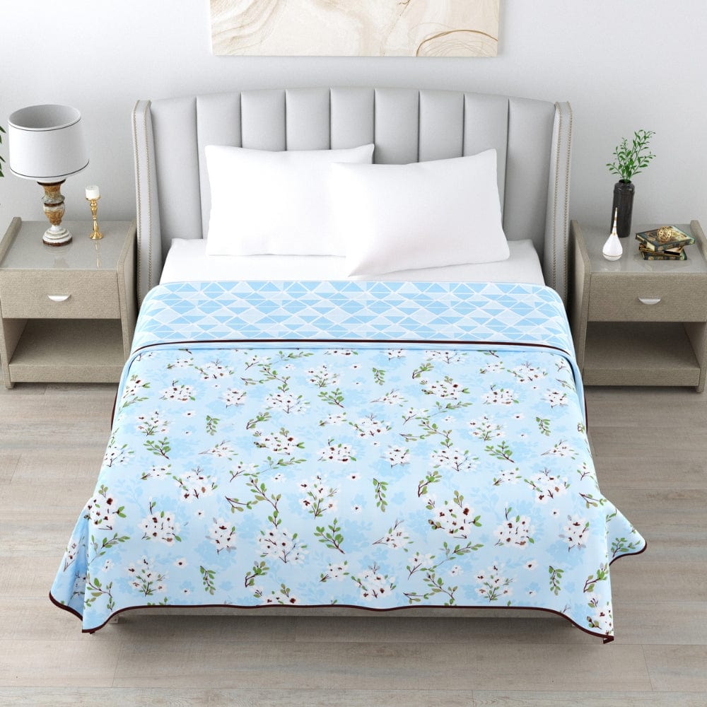 Digital Printed Ultra Soft Peach Finish Reversible Dohar, Dove Blue Bloom