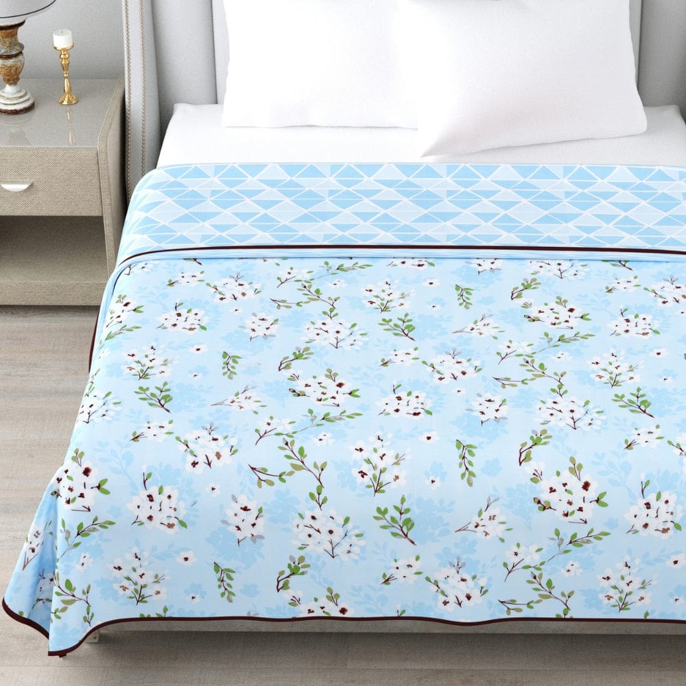 Digital Printed Ultra Soft Peach Finish Reversible Dohar, Dove Blue Bloom