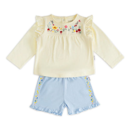 100% Cotton Full Sleeve Girl Top & Shorts Off, white - Blue
