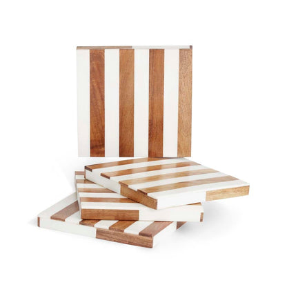 Timber Wood & Resin stripe coaster set of 4, White & Natural