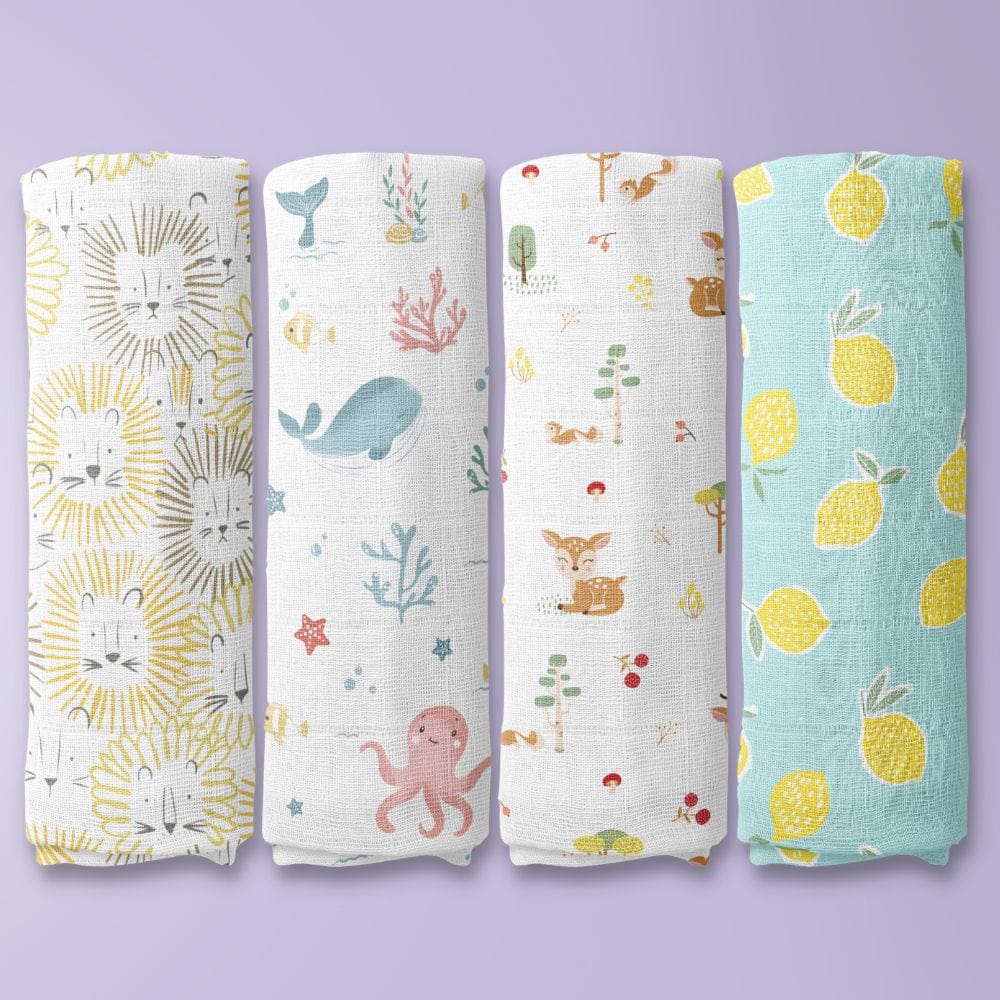 Fruity fauna Collection 100% Cotton Muslin Swaddle Pack Of 4