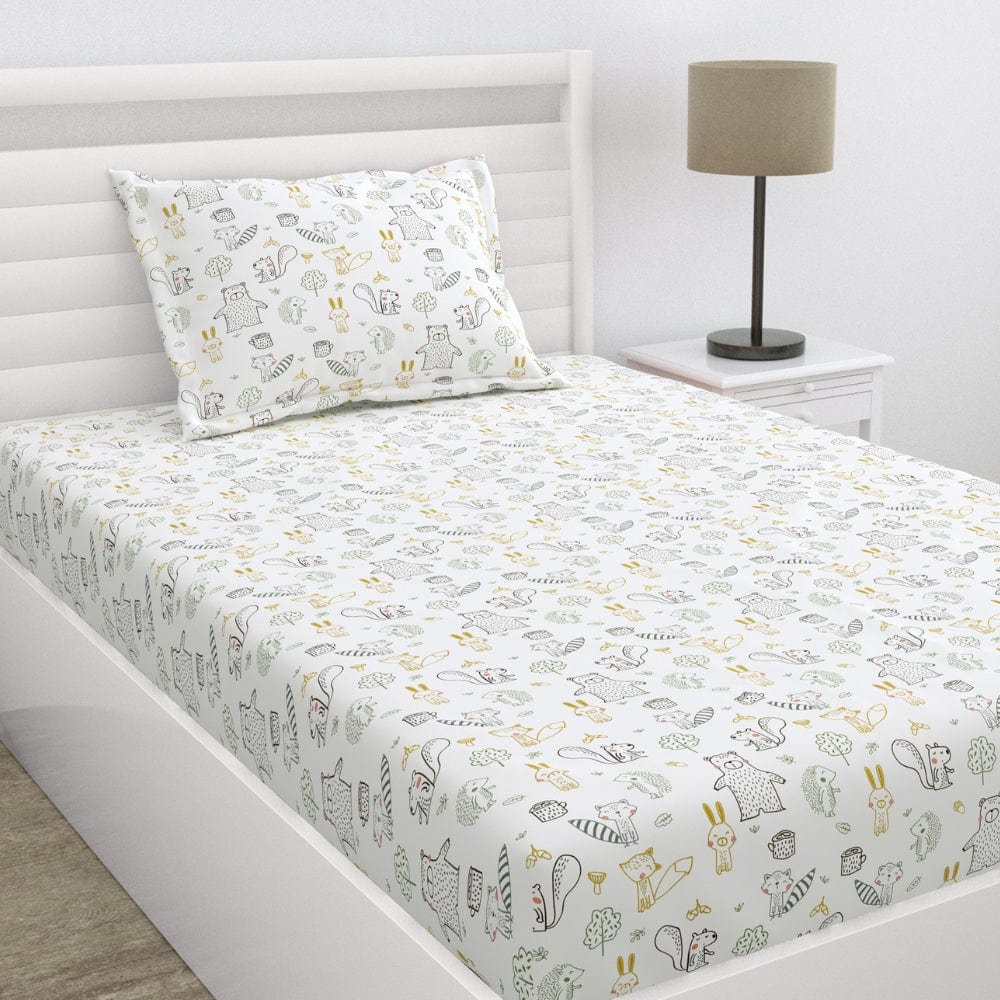 Percale 210 TC Single Flat Bedsheet- Woodland Animal