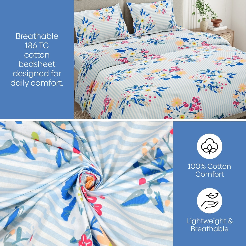 Moments 100% Cotton 186 TC King Bedsheet, Blue (Gift Set)