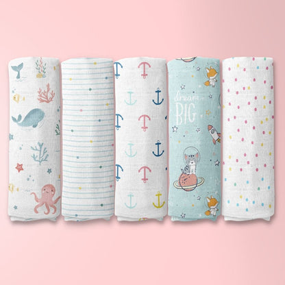Nautical Collection 100% Cotton Muslin Swaddle Pack Of  5