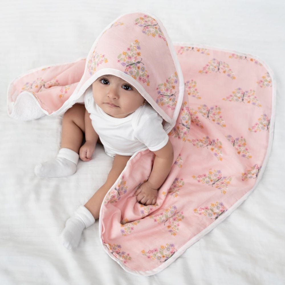 Cotton Muslin-Terry Hooded Towel ( Newborn - 12 Months) - Butterfly Garden