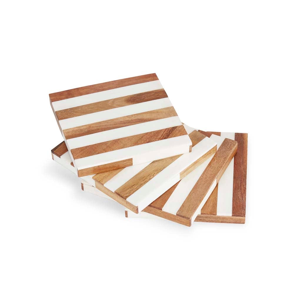 Timber Wood & Resin stripe coaster set of 4, White & Natural