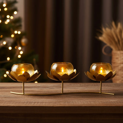 Metal Flower Glass 3 in 1 Tea Light Holder, Gold