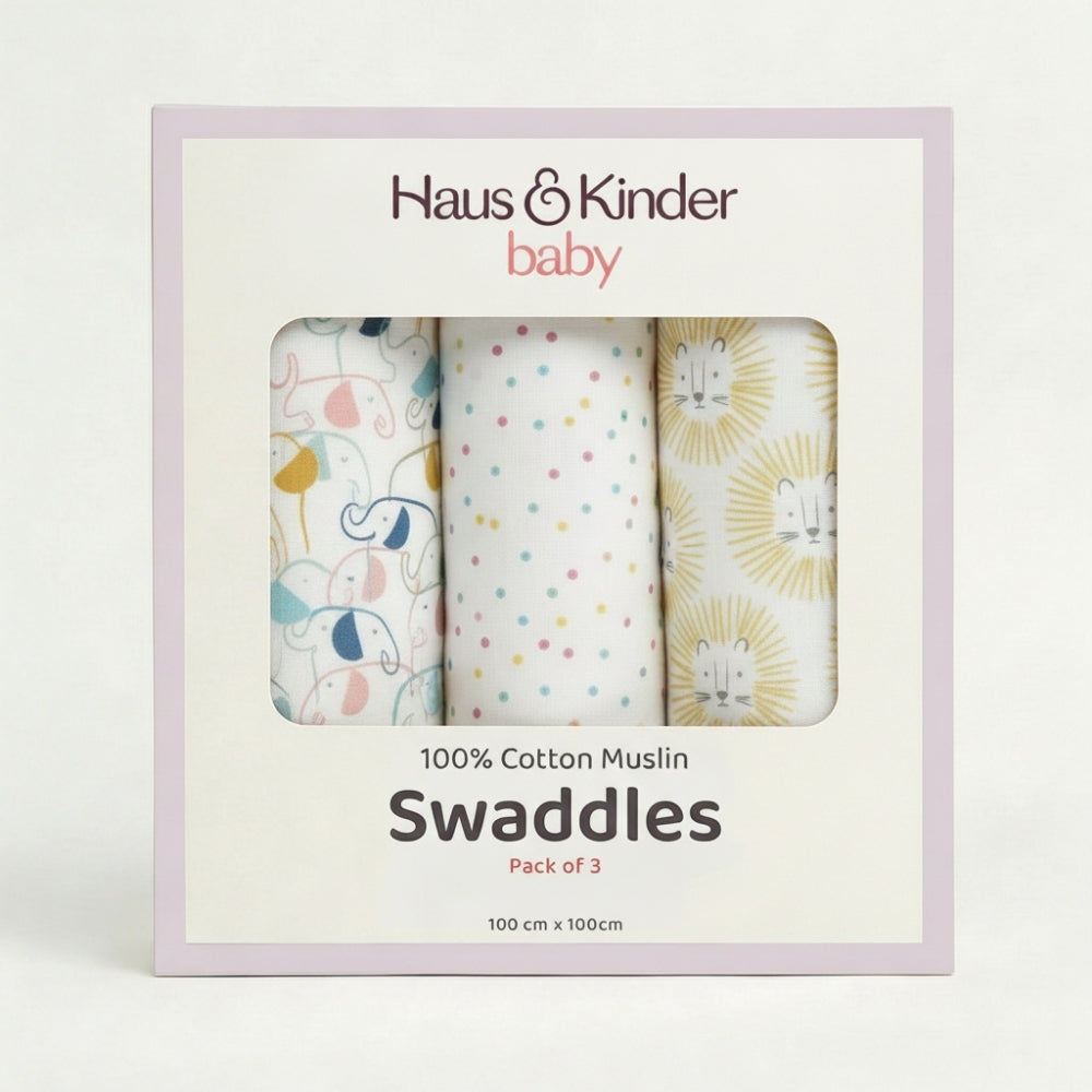 Jungle Collection 100% Cotton Soft Muslin Swaddles Wrap for Newborn Baby - Pack of 3, Multicolor