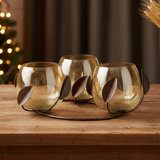 Flower Crackle Glass Tea light Holder, Gold / Black