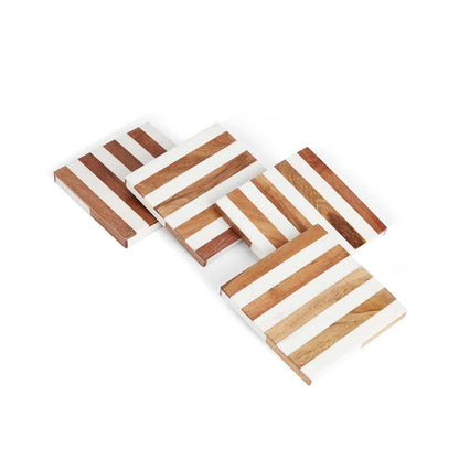 Timber Wood & Resin stripe coaster set of 4, White & Natural