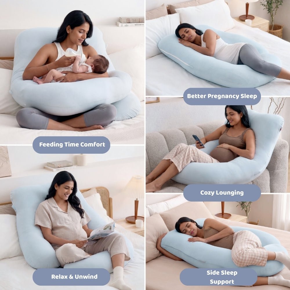 J-Shape Maternity Pillow With Cotton Cover- Blue - Feeding and Diapering | haus & kinder